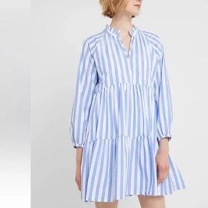 J.Crew Striped Poplin Ruffled Tiered Mini Dress Blue White SIZE XL